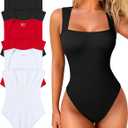 Oqq Women's 3 Piece Bodysuits Sexy Ribbed Strappy Square Neck Sleeveless Tummy Control Tank Tops Bodysuits (Large, Black, Red, White)