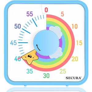 Secura 60-Minute Visual Timer, 7.5 Inch Magnetic Rainbow Countdown Timer for Classroom or Kitchen, Durable Mechanical Timer Clock with Magnetic Backing (Blue & Star)