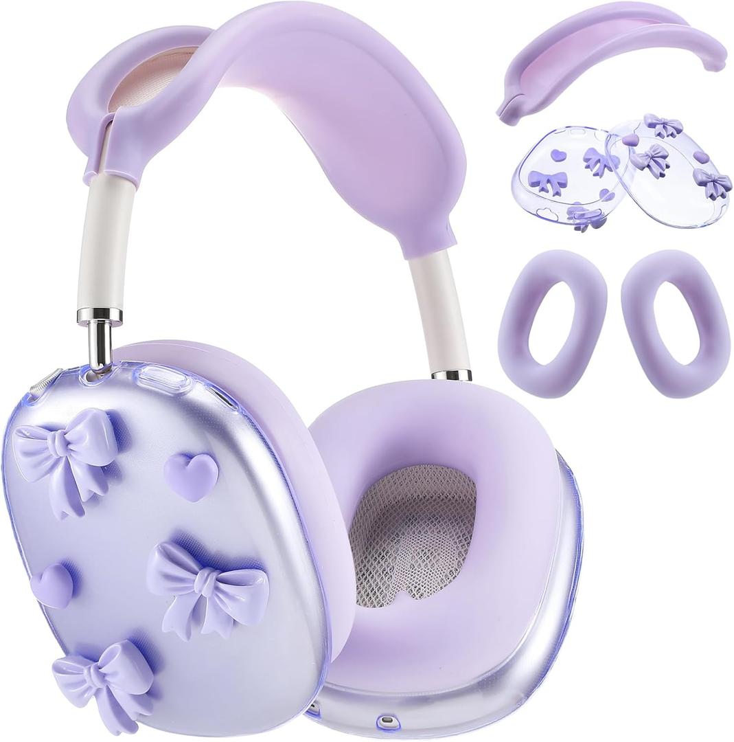 Kingdder Purple Bow Silicone Case Cover Compatible with Airpods Max Headphones Cute Bow Clear Heart Compatible with Air Pod Max (USB-C)(2024/2020) Coquettish Ear Pad Protector for Women
