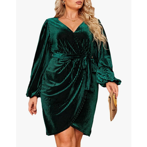 Women's Plus Size Long Sleeve Wrap Semi Formal Velvet Mini Dress Sexy Cocktail Party Winter Club Dress XL