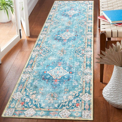 2x4 Washable Teal Throw Rugs for Entryway Indoor - Washable Non Slip Kitchen Rug, Boho Floral Small Carpet for Bathroom, Powder Room, Non Slip Low Pile Stain & Fade Resistant Indoor Décor