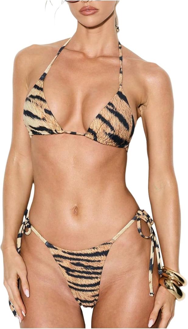 SweatyRocks Women's 2 Piece Bikini Sets Sexy Leopard Print Halter Triangle Bathing Suit (Yellow, S)
