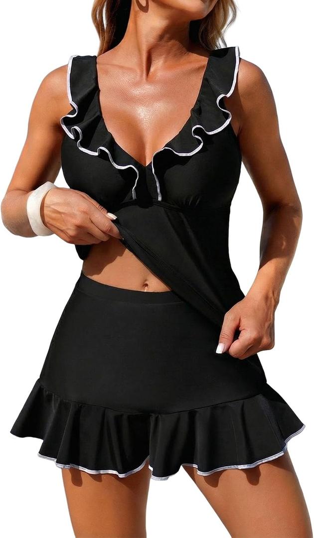 ZAFUL Women's Tankini Swimsuits V-Neck Ruffles Full Coverage Bathing Suit Swim Tank Top with Skirt (Black, M)
