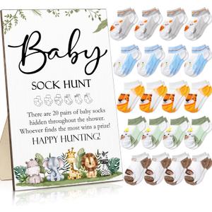 Hoteam 21 Pcs Baby Shower Games Include Baby Sock Hunt Sign and 20 Pair Small Cotton Socks Wooden Table Sign with Holder for Gender Reveal Party Favors(Animal Style)