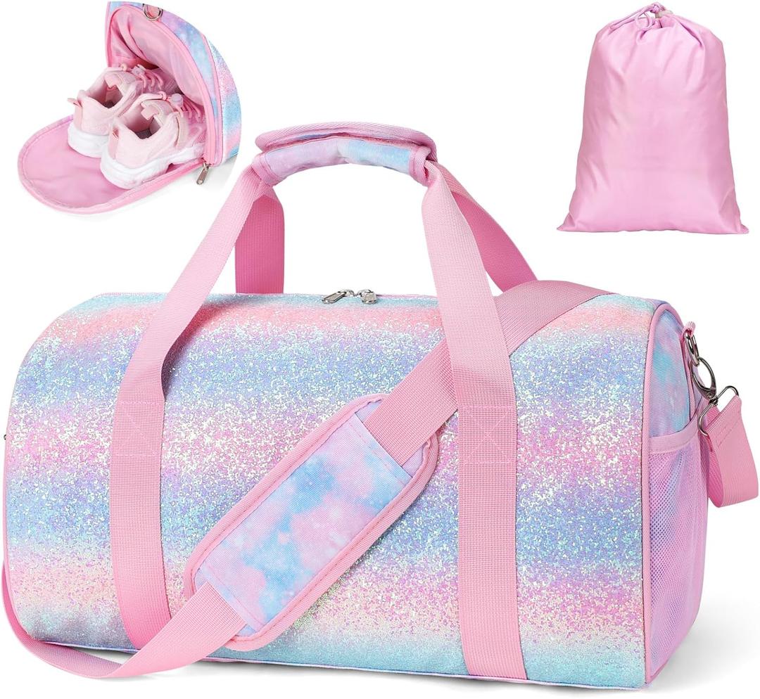 Dance Bag for Girls - Kids Duffle Bag with Shoe Compartment, Waterproof Ballet Gymnastics Overnight Bag with Dry/Wet Pockets(Tie-Dye Pink)