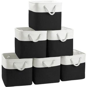 FinishingBo Large 11x11 Inch Cube Storage Bins with Cotton Handles for Closet, Shelves, Clothes, Towel (White/ Black-6 Pack)