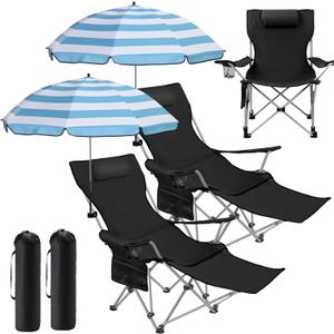 Karenhi 2 Set Reclining Beach Chair with Umbrella for Adult Folding Camping Chair with Foot Rest Adjustable Clamp Canopy Shade for Outdoor Patio Travel Beach Fishing Picnic
