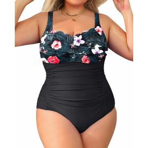 Aqua Eve Womens Plus Size One Piece Swimsuit- Tummy Control Bathing Suit Full Coverage Swimwear (Floral and Black) 24W