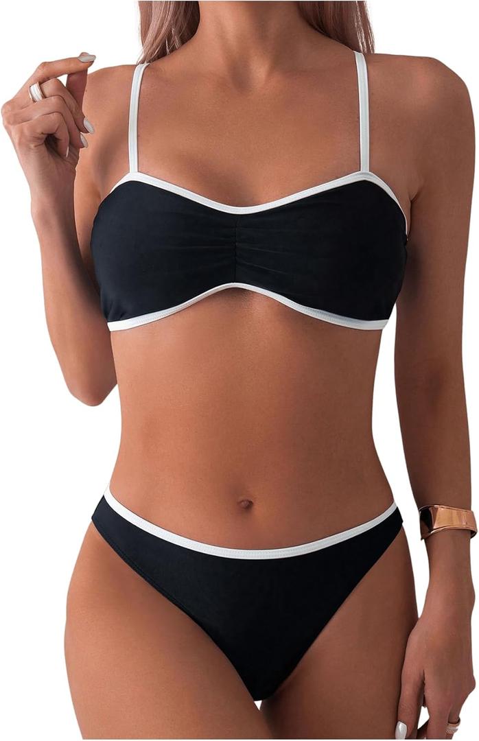 SOLY HUX Women's Two Piece Bathing Suit Contrast Binding Ruched Bikini Sets Swimsuit (Medium, Black and White)