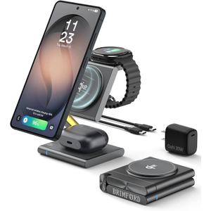 4 in 1 Wireless Charging Station for Samsung, Foldable Aluminum Magnetic Charger with LED Light for Samsung Galaxy S25/Ultra/S24/S23/S22, Galaxy Watch 8/7/6/5, Galaxy Buds/Pro (Grey)