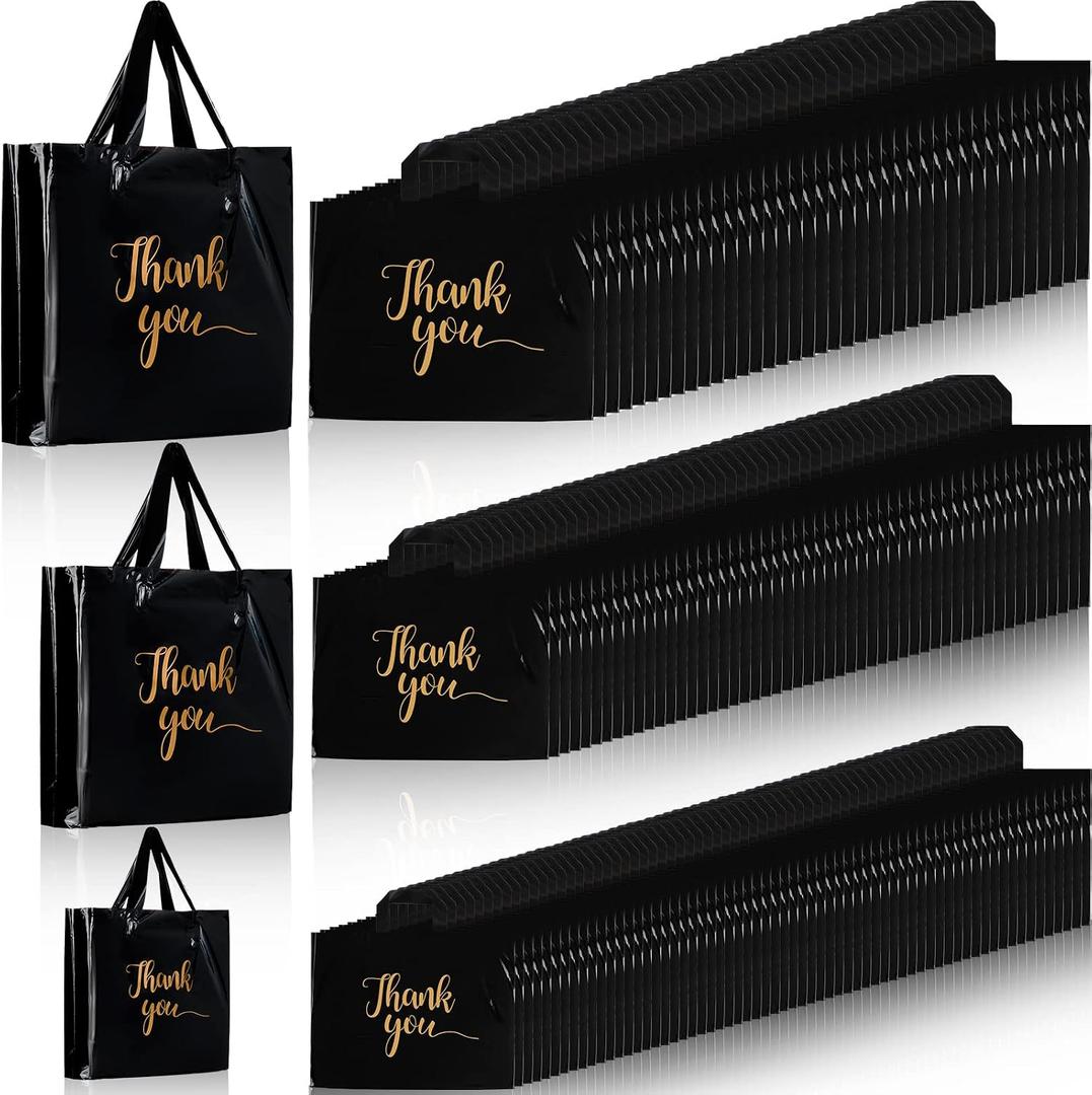 Teling 200 Pcs Thanks Bags with Handle Bulk Thank You Merchandise Bags 3 Size Plastic Packet Retail Shopping Package for Boutique 9 x 12'', 12 x 15'', 15 x 18''(Black), 200 count
