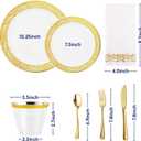 210 Count Gold Plastic Dinnerware, Gold Disposable Plates, Includes: 30 Dinner & 30 Dessert Plates & 30 Cups & 30 Paper Napkins & 30 Plastic Silverware Set -for Thanksgiving, Christmas, Parties