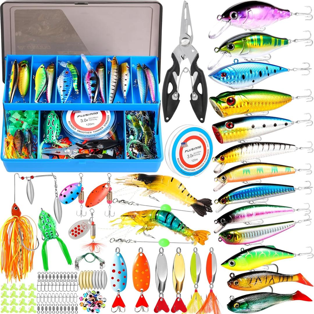 PLUSINNO Fishing Lures Fishing Tackle Box Fishing Gifts for Men, Bass, Trout Fishing Accessories Kit for Saltwater & Freshwater Fishing Gear Including Topwater Lures, Hooks, Spinnerbaits