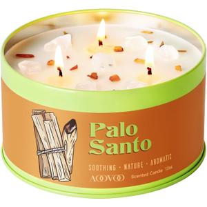 AOOVOO Palo Santo Candle for Meditation & Cleansing - 3 Wick 12oz Scented Candle with White Crystals & Palo Santo Inside, Non-Toxic Soy Candle for Spiritual Healing, Aromatherapy Gift for Women & Men