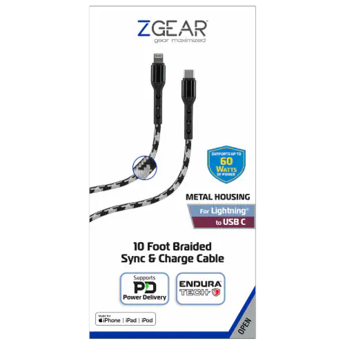 ZGear 10 Foot Braided Sync & Charge Cable - Black/White