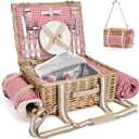 19Pcs Picnic Basket for 2 with Insulated Liner and Waterproof Picnic Blanket Wine Pouch, Large Wicker Picnic Hamper for Camping,Outdoor,Valentine Christmas for Couples,Red Gingham