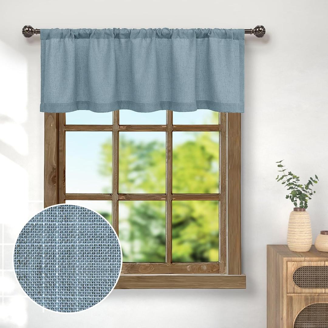 Pitalk Farmhouse Kitchen Valance for Windows Burlap Light Blue Linen Sheer Valance Curtain for Living Room Bathroom Laundry Rustic Country Blue Cafe Curtain Small Boho Decor 18 inch Length Stone Blue