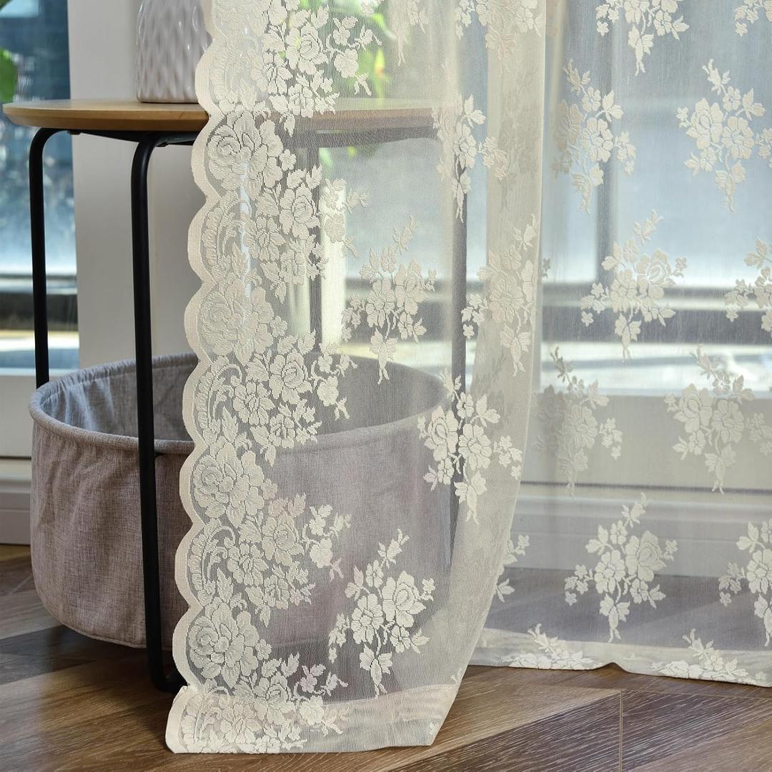 Kotile Beige Lace Curtains 84 Inches Long 2 Panels Country Rustic Floral Pattern Beige Sheer Curtains for Living Room, Privacy Grommet Cream Colored Vintage Lace Window Drapes, 52 x 84 Inch
