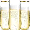 N9R 36PCS Plastic Champagne Flutes, 9 Oz Stemless Disposable Gold Rim Toasting Glasses, Crystal Clear Cocktail Cups Drinkware Shatterproof Ideal for Party Wedding Birthday, 36 Count