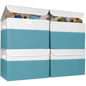 Large 22 Quart Linen Fabric Foldable Storage Bin Cube Organizer Basket with Flip-Top Lid & Handles, Clothes Blanket Box for Home, Office, Closet, Teal & White, 4 Pack 14.6 x 9.5 x 9.5