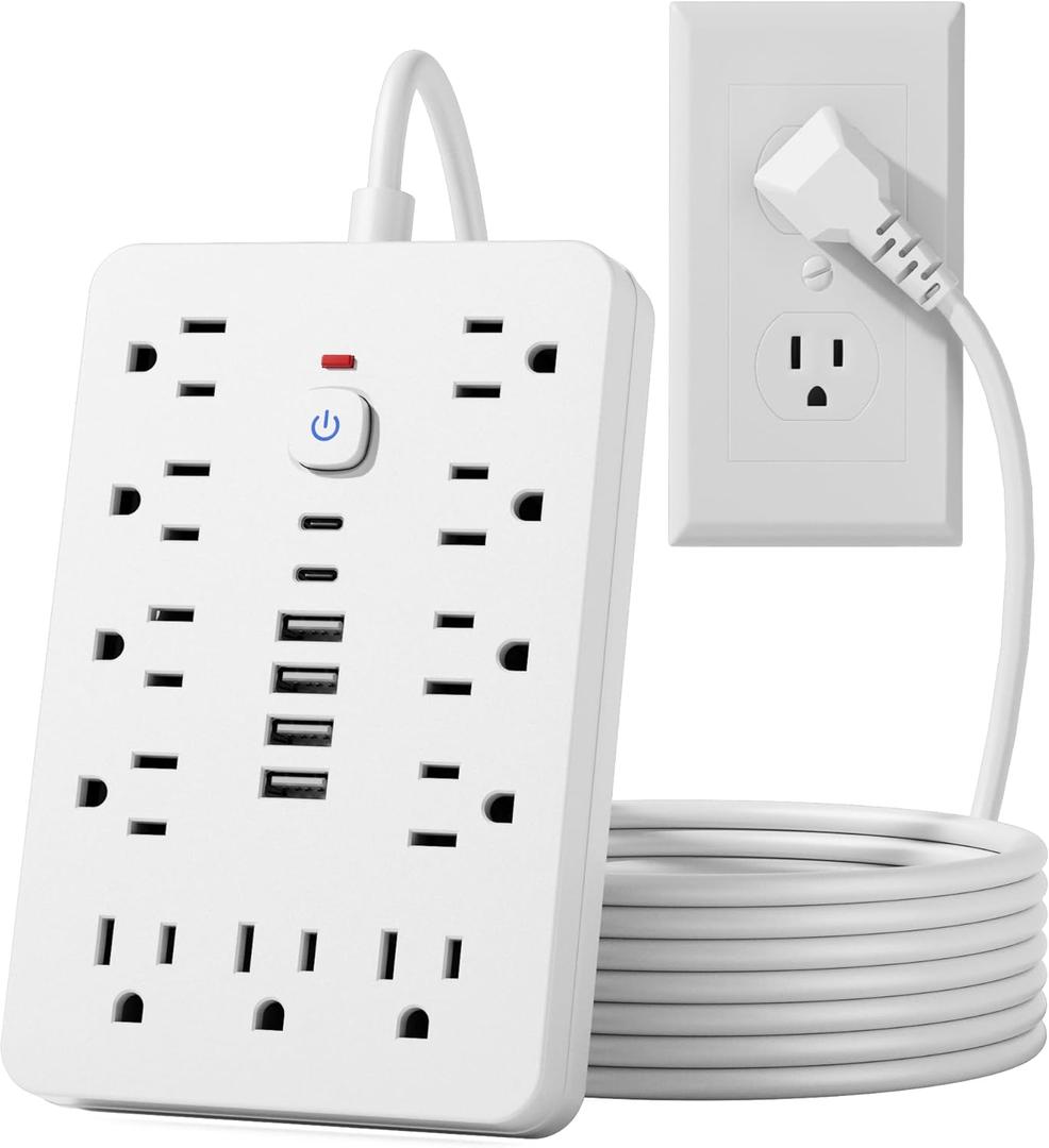JouleLoom 15 FT Flat Plug Surge Protector Power Strip,11 Multiple AC Outlets with 6 USB Ports (2 USB C), 15 Feet Extension Cord, 1250W/10A, One Touch Switch Button, White