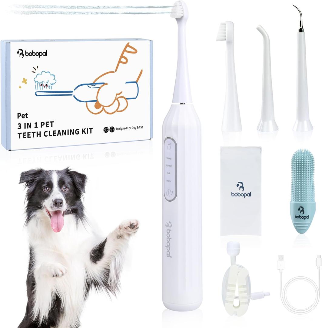Bobopal Dog Tooth Brushing Kit,3-in-1 Dog Teeth Cleaning Tools,Ultrasonic Electric Toothbrush & Plaque Remover for Dogs with Water Flosser for Teeth,2 Modes & 3 Intensity Levels,IPX7,1100mAh Battery