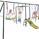 Costzon 660 lbs Swing Sets for Backyard, 7-in-1 Heavy Duty Extra Large Metal Swing Frame w/2 Swings, Glider, Gym Rings, Slide, Monkey Bar