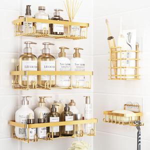 5 Pack Shower Caddy Organizer Rack Shelf for Inside Shower, Self Adhesive Wall Storage Basket Rustproof Stainless Steel Shampoo Holder Bathroom Accessory Decor Set, Gold