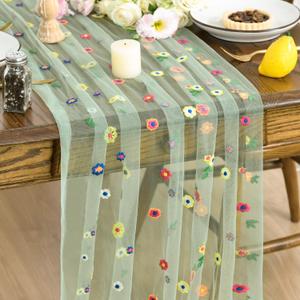 2 x Artoid Mode 3PCS Sage Green Embroidery Daisy Gauze Table Runner 120 Inch 10FT, Seasonal Sheer Dining Holiday Wedding Birthday Table Decor for Home Party