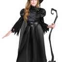 Spooktacular Creations Girls Black Witch Costume, Kids Halloween Outfit with Broom, Toddler Witch Dress for Halloween Parties (Black, M)