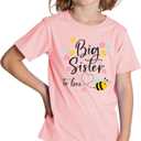 Big Sister Shirt Baby Girl Cute Bees Tee Announcement Toddler Shirts Sibling Reveal Short Sleeve (Pink) 130