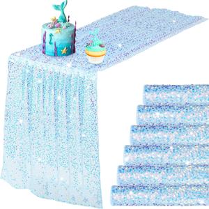 6 Pcs Iridescent Sequin Table Runner 12 x 72 Inch Mermaid Table Runner Glitter Sequin Sparkly Desk Cover for Wedding Birthday Party Ceremony Supplies Decor (Blue)