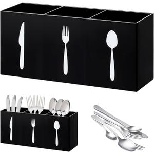 JEPELUS Black Utensil Holder for Kitchen Counter Cabinet, 3 Compartments Flatware Caddy for Knife Spoon Fork, Plastic Silverware Organizer Pen Holder for Desk