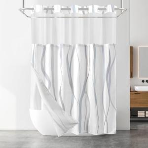 No Hook Shower Curtain with Snap in Liner Set, Grey and White Striped Design, Waterproof Washable Fabric Hotel Shower Curtains for Bathroom Decor with See Through Mesh Top Window 71x74 Inch