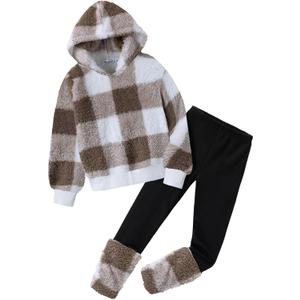 Arshiner Girls 2 Piece Outfits Long Sleeve Fuzzy Hoodies Sweatshirts and Jogger Legging Pants Winter Tracksuits 7-8Y, Checkered Print