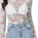 LYANER Women's Lace Long Sleeve Tops Floral Sexy Mesh Sheer Shirt See Through Undershirt Tops (White, S)