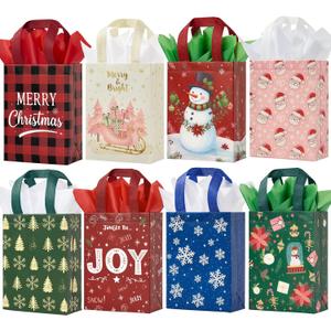 YANGTE Small Christmas Gift Bags 16 Pack with Tissue Paper & Handles, 8.66"6.3"3.15", Reusable Non-Woven Xmas Gift Bags Bluk for Presents Goody Cookie Holiday Parties