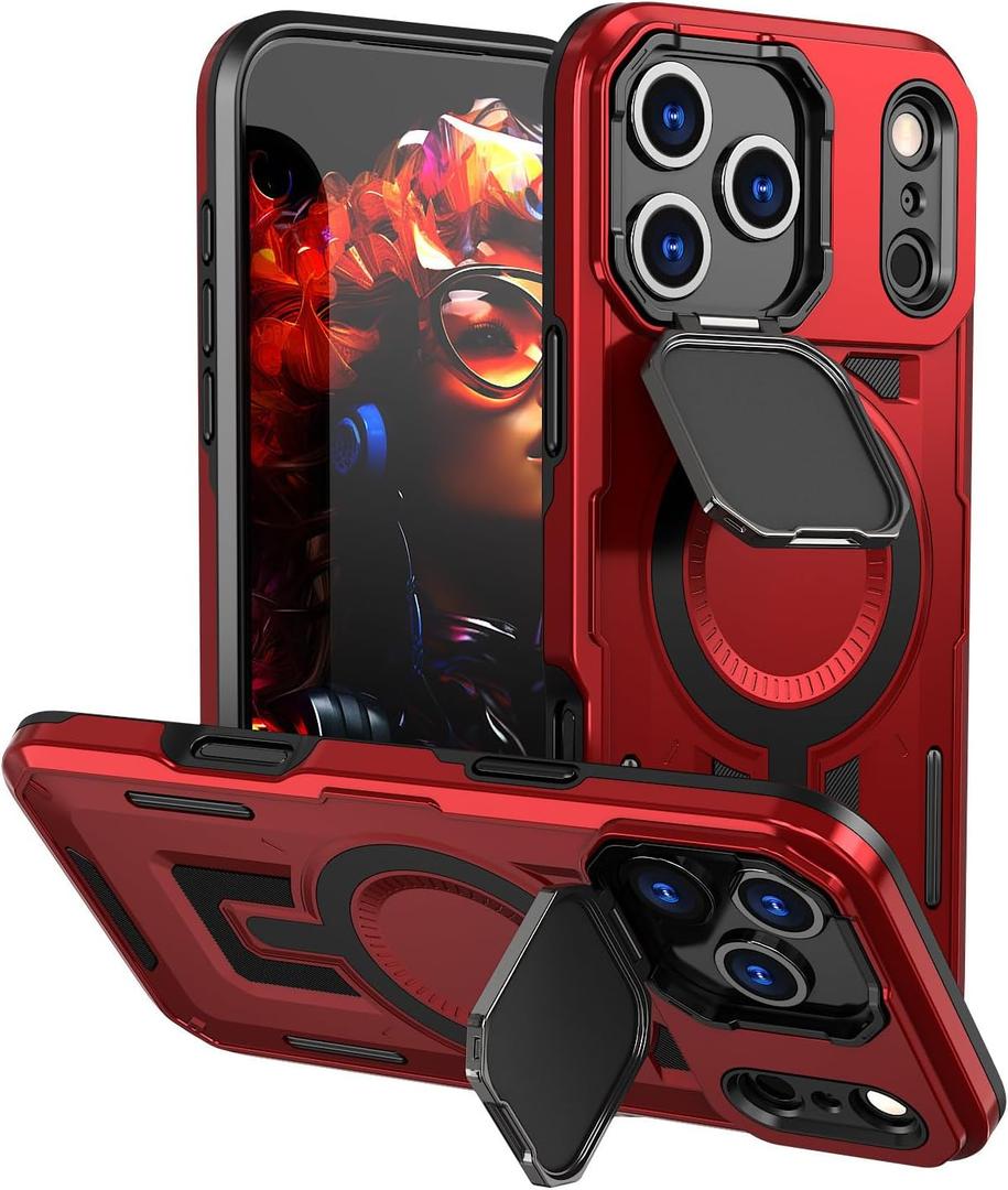 Designed for iPhone 17 Pro Max Case, Full Camera Protection, Built-in Invisible Kickstand, Heavy Duty Rugged Case with Dual-Layer Shockproof, Wireless Charging Compatible (Red)