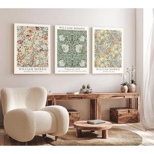 Induslyfe Large Framed Flower Wall Art Canvas Decor Set of 3, William Morris Framed Prints Mid Century Modern Art, Aesthetic Floral Botanical Wall Art for Bedroom Living Room Bathroom 18x24