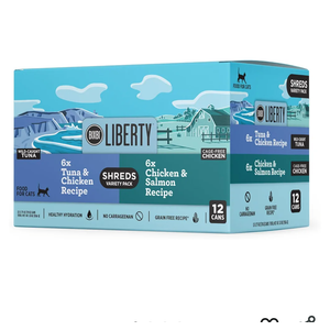 BIXBI Liberty Wet Cat Food Shreds Variety Pack Featuring Chicken/Salmon Recipe & Tuna/Chicken Recipe – (2.75 Ounce Cans, Case of 12) Best By 06/2025