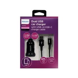 Philips Dual USB car charger with USB-A/USB-C charger cable 2.4 AMP/12 watt 6ft.