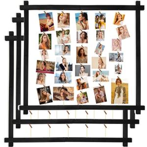 Wood Picture Frames Collage,Photo Display With 30 Clips,Hanging Picture Board Wall Decor for Dorm Graduation Letter Postcard Greeting Card Organizer,Pine,Adjustable Metal Bead String,3 Pack,(Black)