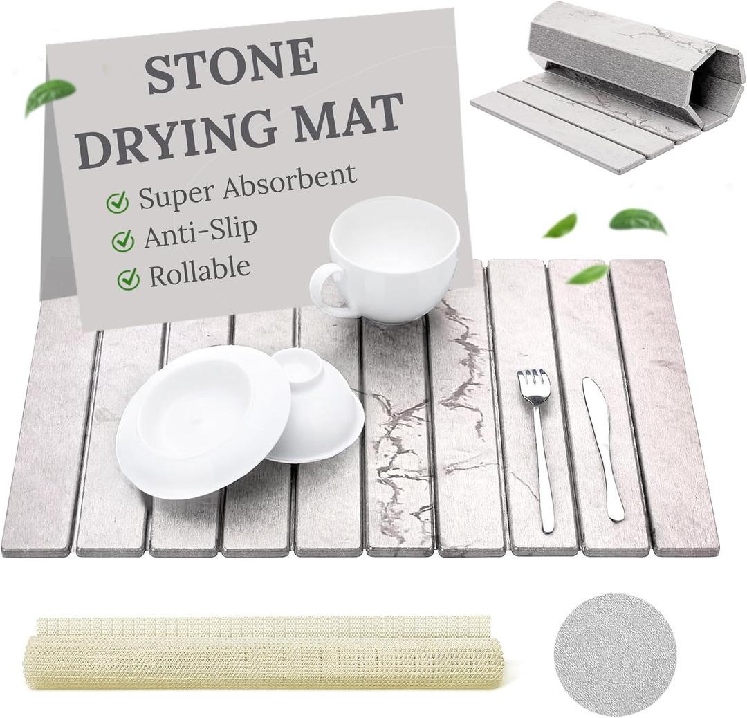 Large Stone Dish Drying Mat 24"16"  Super Absorbent, Quick-Dry & Foldable Diatomaceous Earth Drying Stone for Kitchen Counter with Slip-Resistant Surface, Ideal For Countertops & Bathroom Use  Grey