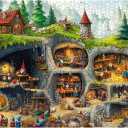 Fantasy Gnome Village Puzzles for Adults 1000 Pieces, Funny Forest Underground Gnomes House Art Jigsaw Puzzle, Challenging Hard Nature Cave Scene Puzzle