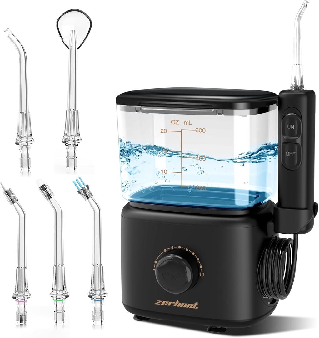 Water Flosser Oral Irrigator for Teeth: Electric Countertop for Dental Health and Cleaning 600ML Professional Water Teeth Cleaner with 10 Modes and 5 Nozzles for Family