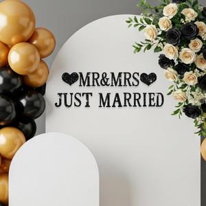 TONIFUL Black Mr and Mrs Just Married Banner,Wedding Sign for Backdrop,Glitter Felt Sign - Includes Dot Glue - Perfect for Wedding Party Decorations,Wall Decr,Arch Background,Balloon Arch