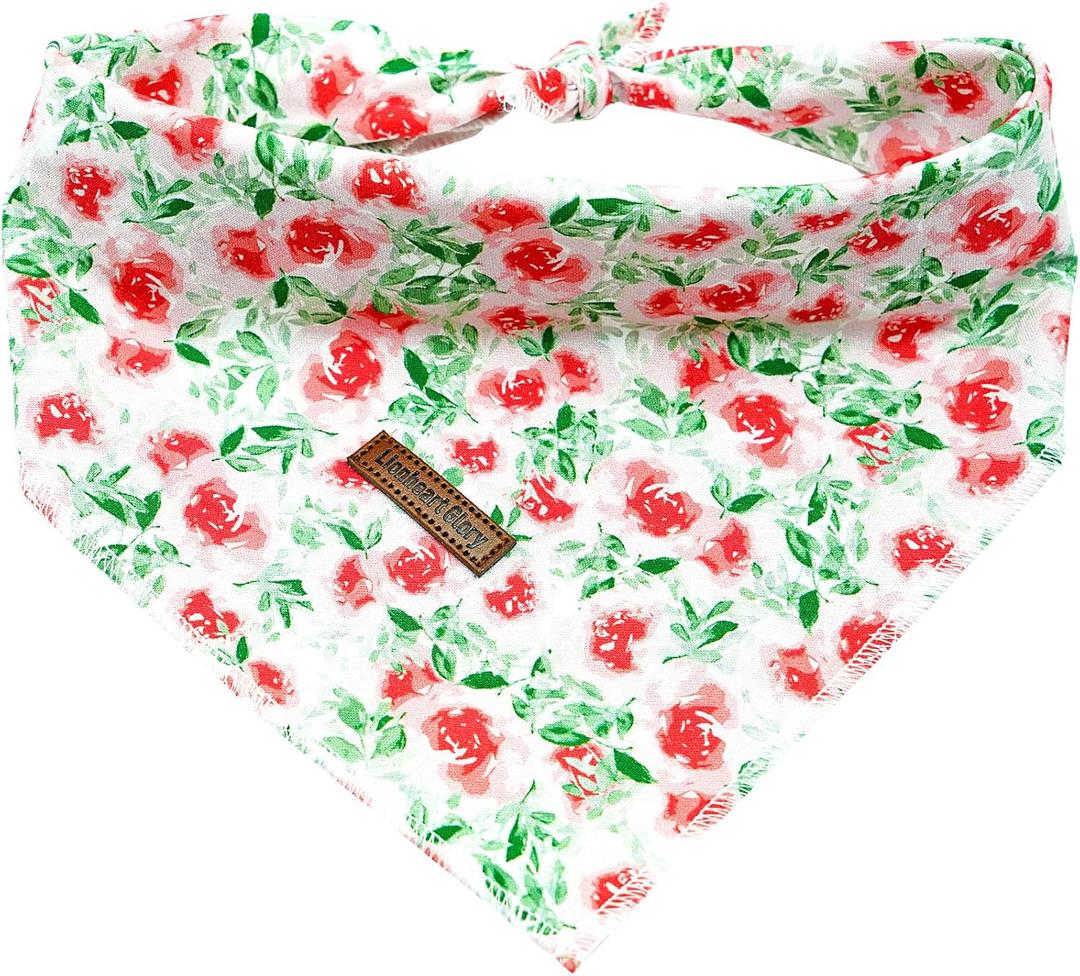 Lionheart Glory Floral Dog Bandana - Spring Summer Washable Soft Scarf, Square Adjustable for Medium Large Dogs (1 Pack) (Red Roses)
