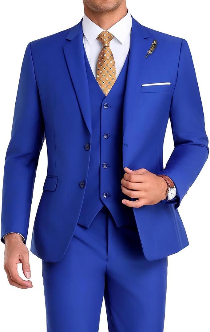 High-End Suits Men Suit Groomsmen Suit Orange Slim Fit 3 Pieces Suit for Men Notched Lapel Jacket Vest Pants, Small, Blue