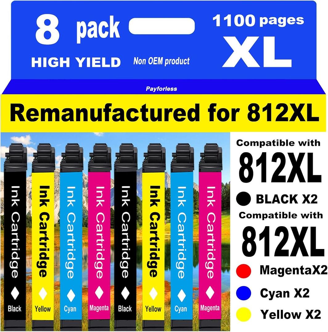 PayForLess for 812XL Remanufactured for Epson 812XL Ink cartridges Combo Pack 812 XL for Workforce Pro WF-7840 WF-7820 WF-7310 EC-C7000 Printer 2 Black 2 Cyan 2 Magenta 2 Yellow 8 Pack