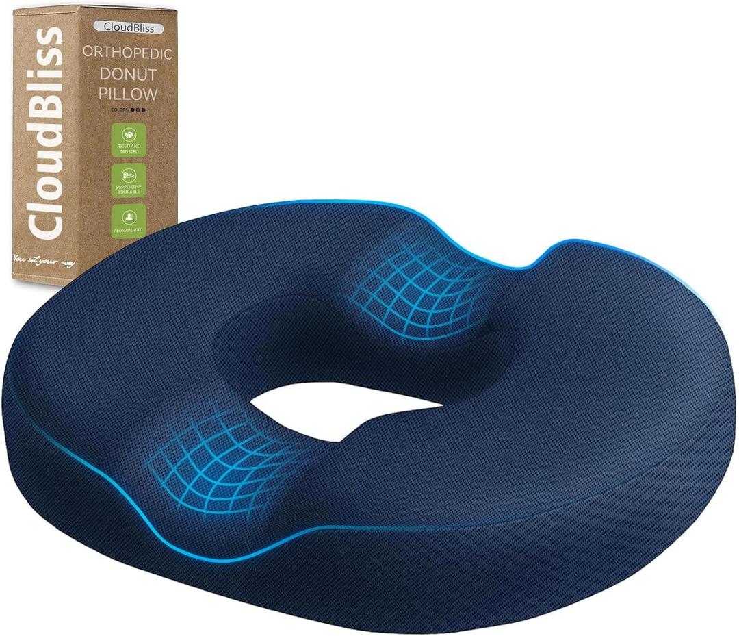 CloudBliss Donut Pillow Seat Cushion for Tailbone Pain Relief and Hemorrhoids, Memory Foam Chair Cushion for Postpartum Pregnancy, Seat Cushions for Men and Women for Home & Office, (Blue) (Large)